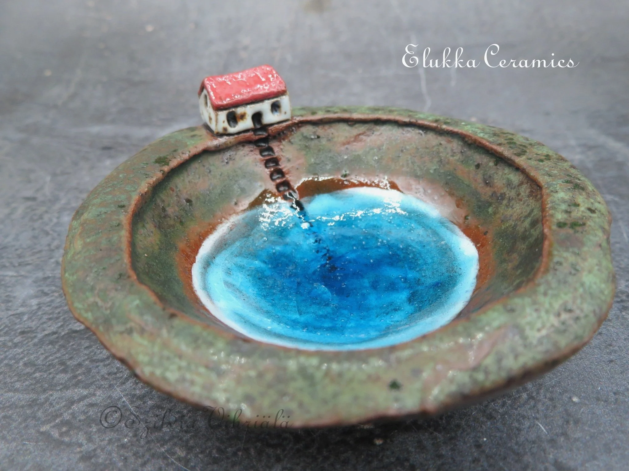 Blue Lake Farm...Tiny Dish in Dark Stoneware...Dark Red Roof