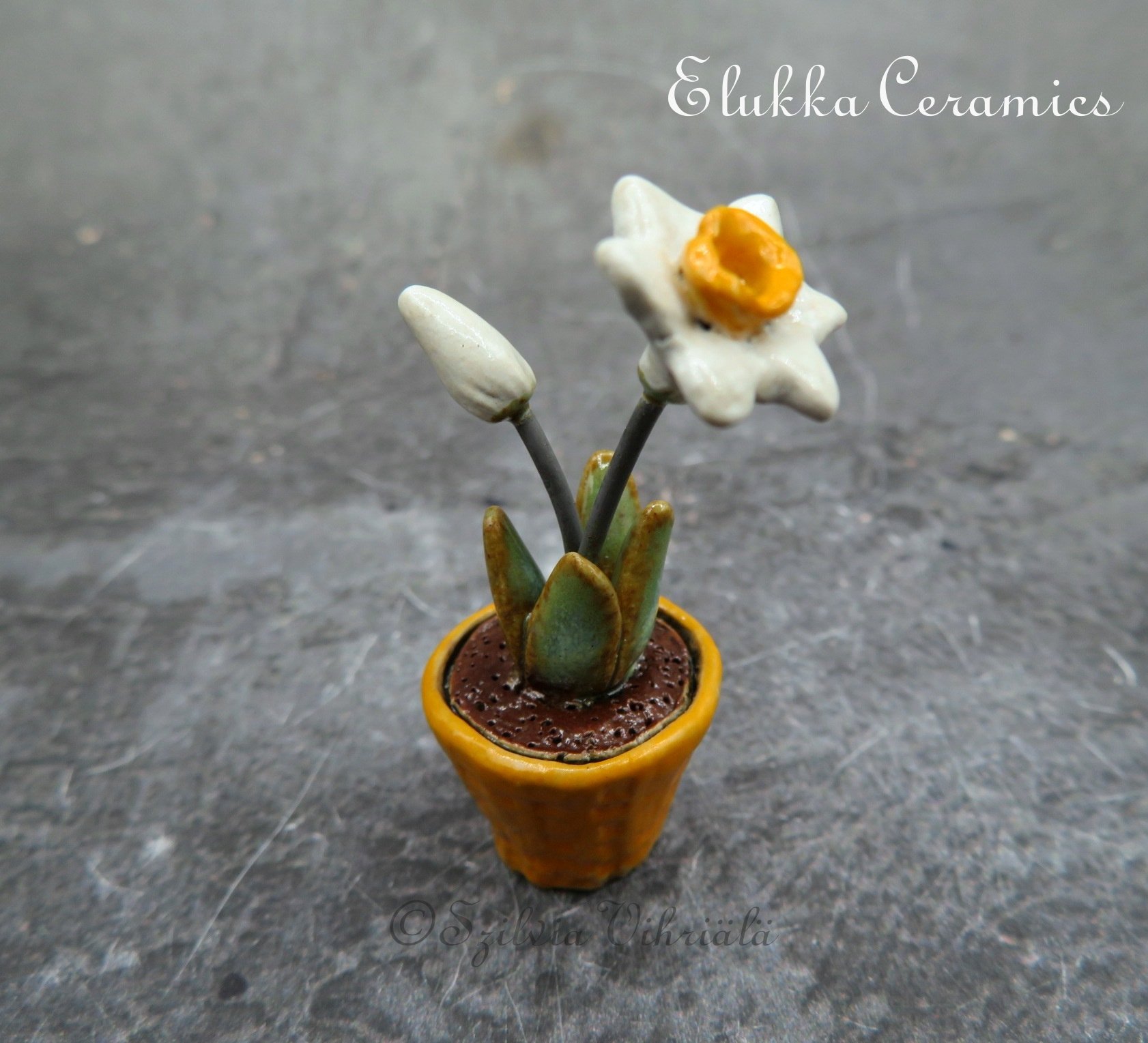 Collectible TINY Ceramic Bloom by elukka...Daffodils in Orange Pot
