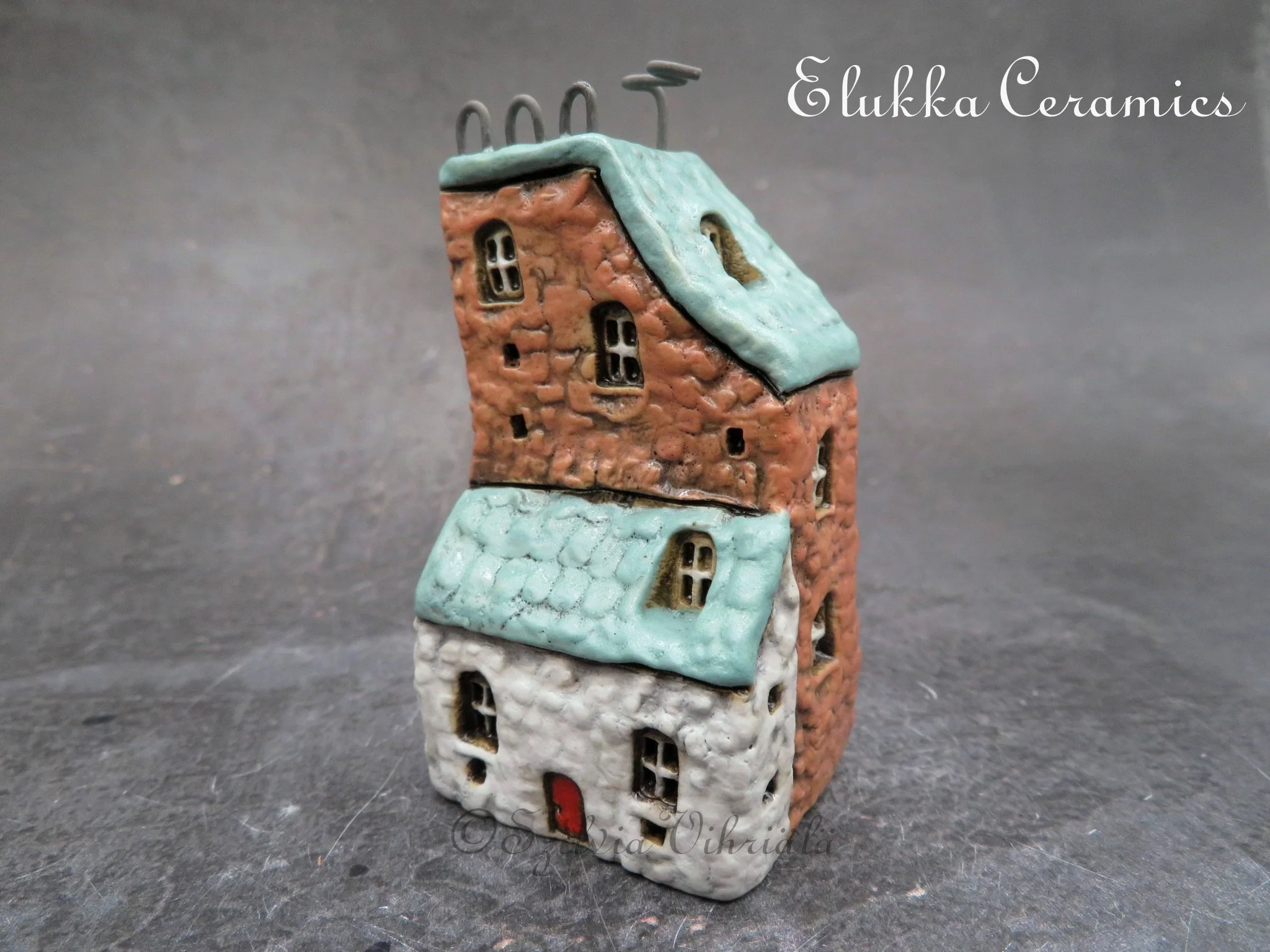Collectible TINY Mediterranean Town House by elukka...Tan and White Walls & Turquoise Green Roof