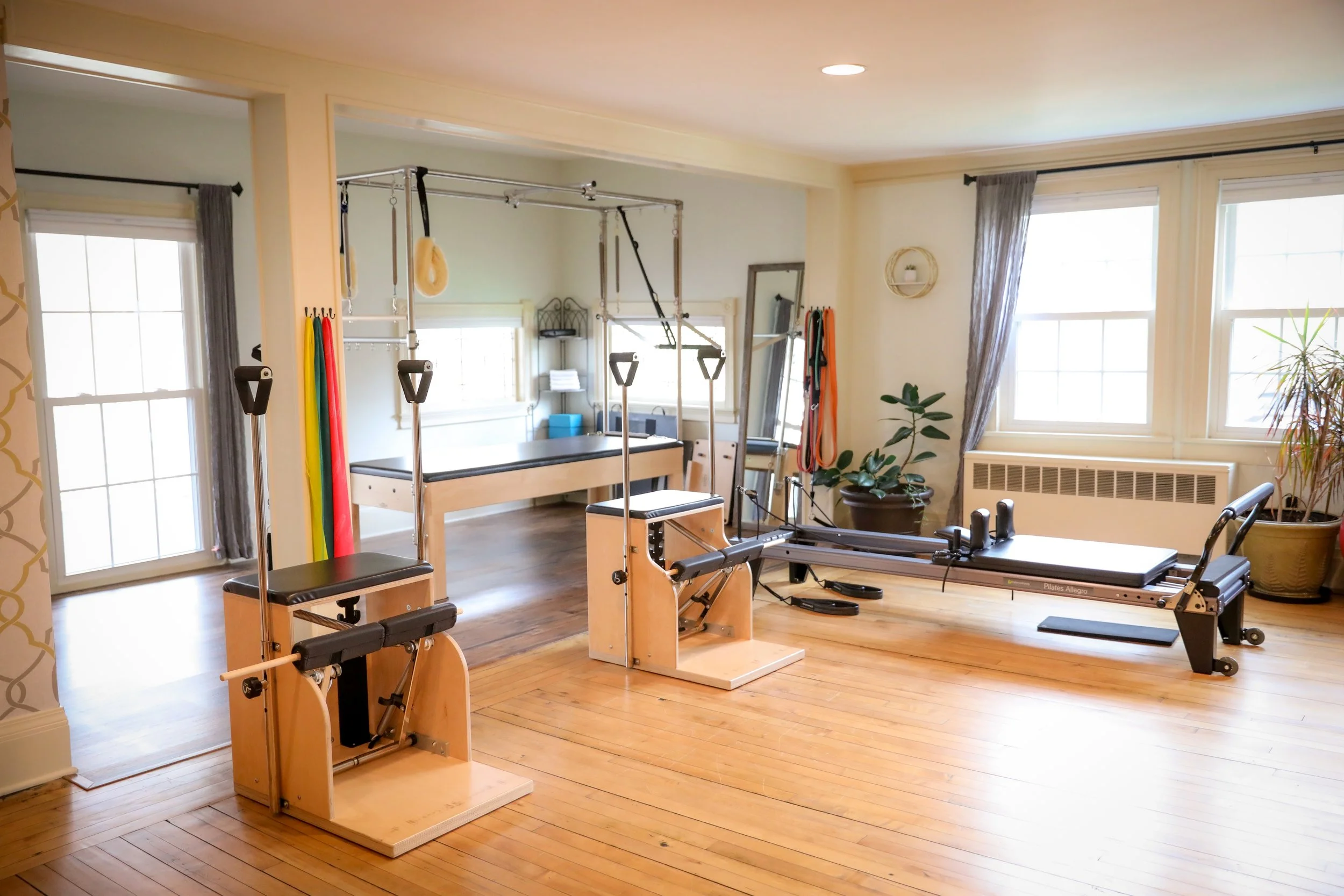 The image shows a bright home gym with wooden floors and large windows. Equipment includes Pilates reformers, a trapeze, and resistance bands, with exercise mats and decor like potted plants.
