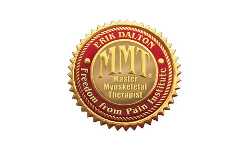 Gold and red badge with the text 'Erik Dalton' at the top, 'Master Myoskeletal Therapist' in the center, and 'MT' in large letters, with the phrase 'Freedom from Pain Institute' around the edge.