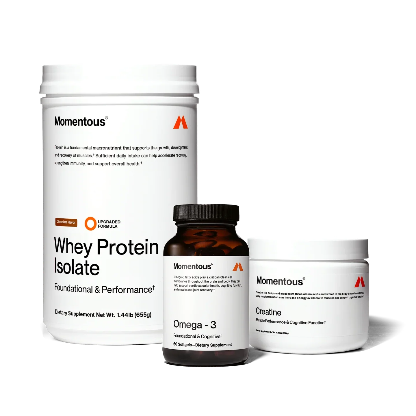 Supplements including whey protein isolate, omega-3 capsules, and creatine on a black background.