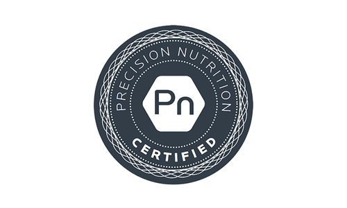 A circular badge with the text "Precision Nutrition Certified" and a hexagon in the center with "Pn" written inside.