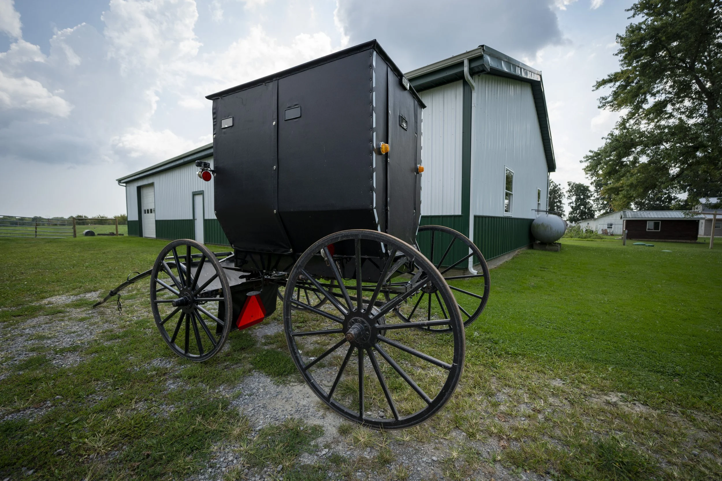 An old black horse-drawn wagon with large spoked wheels parked on grass in front of a metal building with a green lower section and white upper section. There are trees and a cloudy sky in the background.