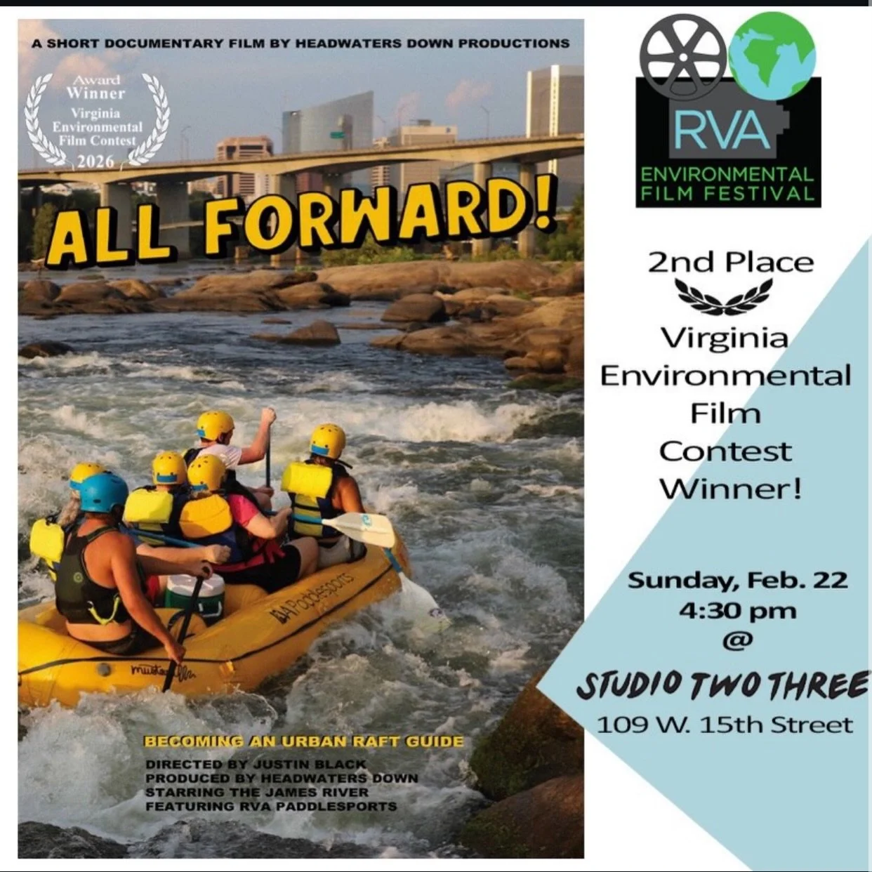 ALL FORWARD! got 2nd place 🥈 in the RVA Environmental Film Fest! Really excited to share the film next weekend 2.22 @studiotwothree at 4pm. The event is free and there will be some really great films screening all afternoon!

Thanks to RVA Paddlespo