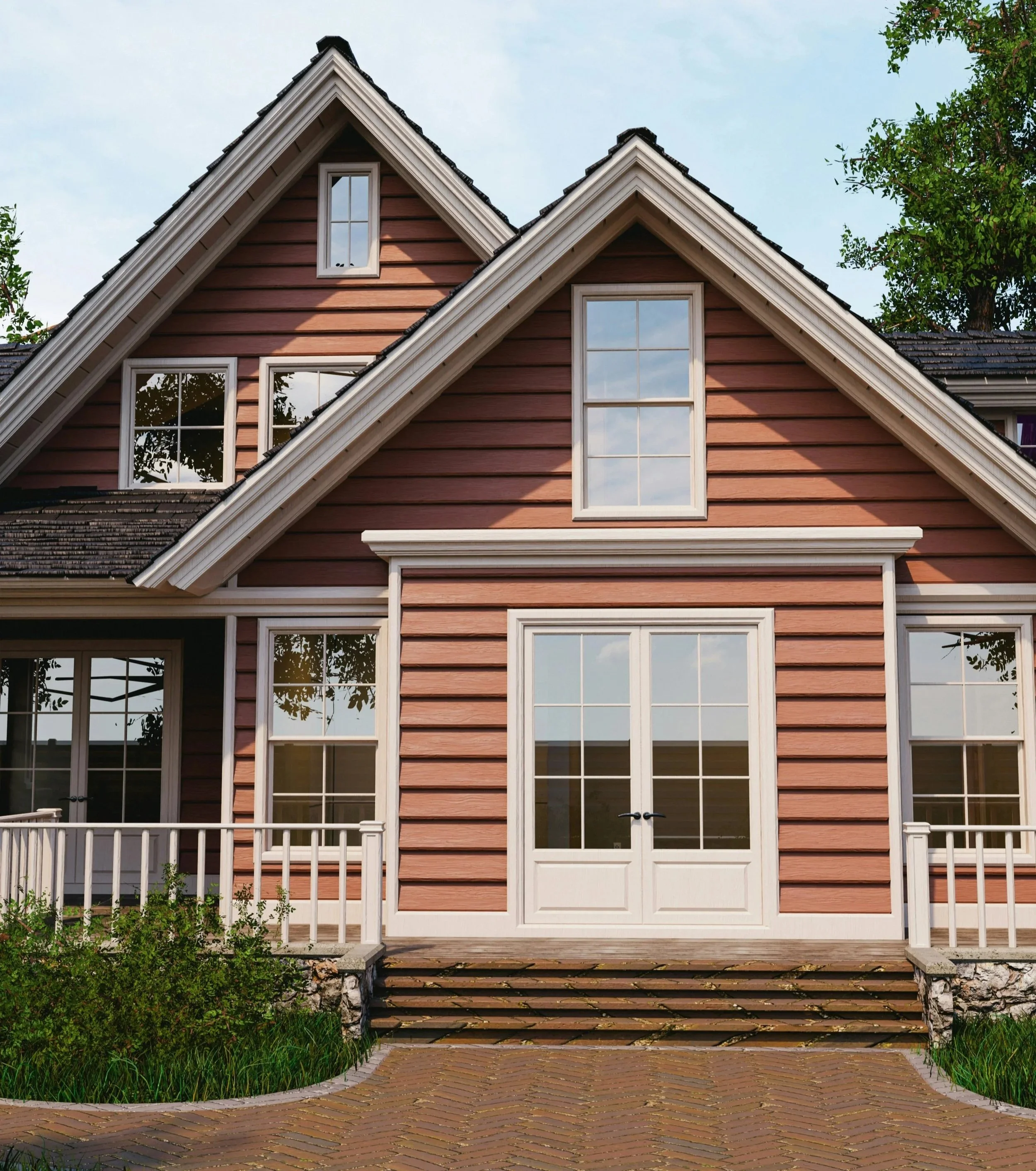 Front view of a two-story house with pink horizontal siding, white trim, a sloped roof, and multiple windows, surrounded by greenery.
