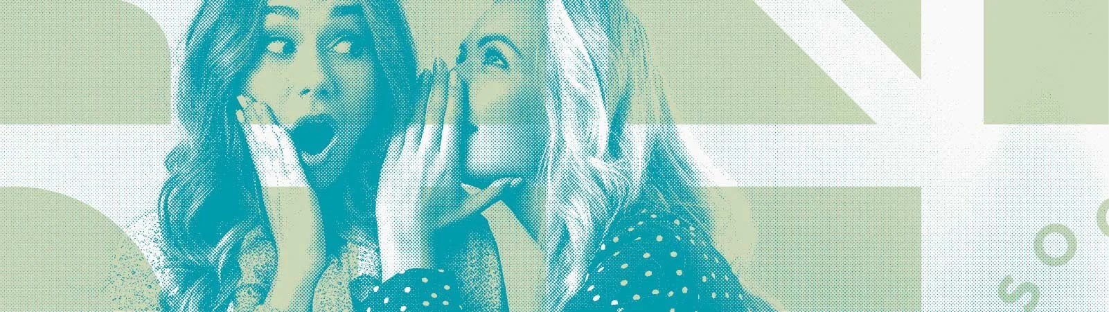 Two women discussing with one woman whispering into the ear of the other, both displaying surprised expressions.