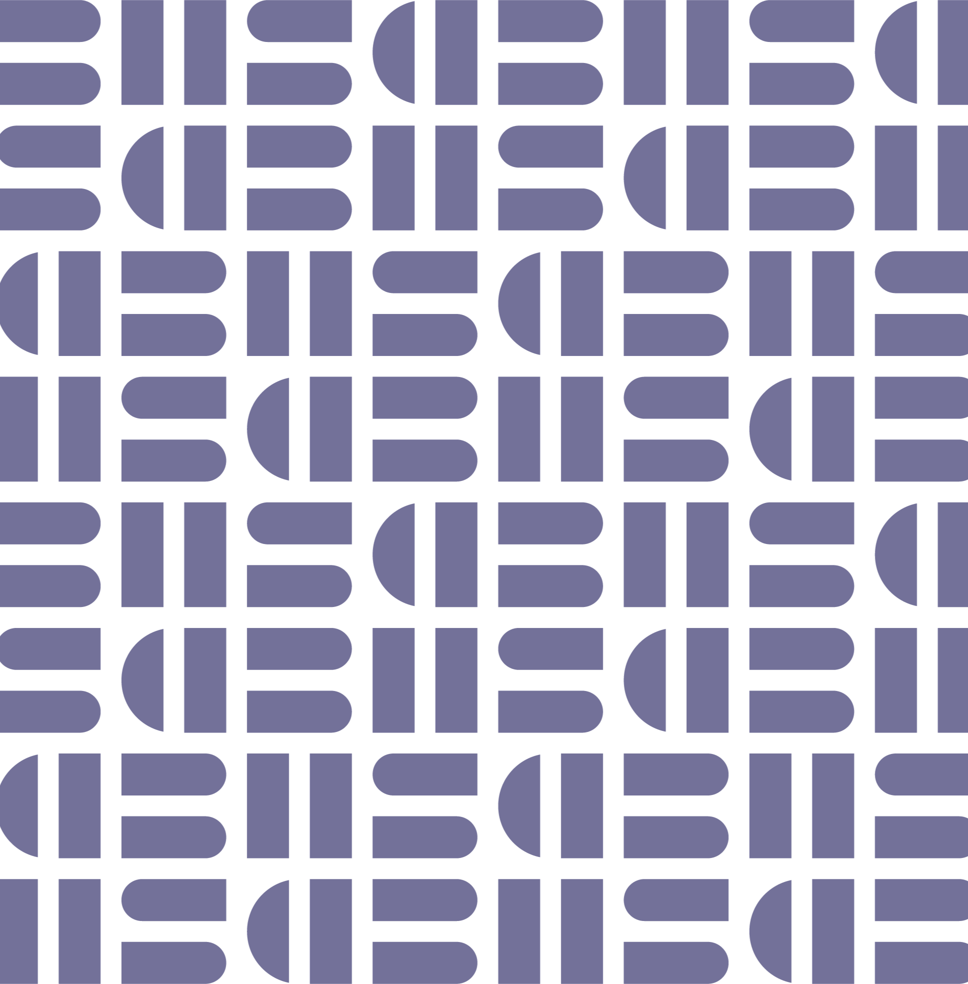 A geometric pattern of purple shapes on a black background, arranged in a grid formation.