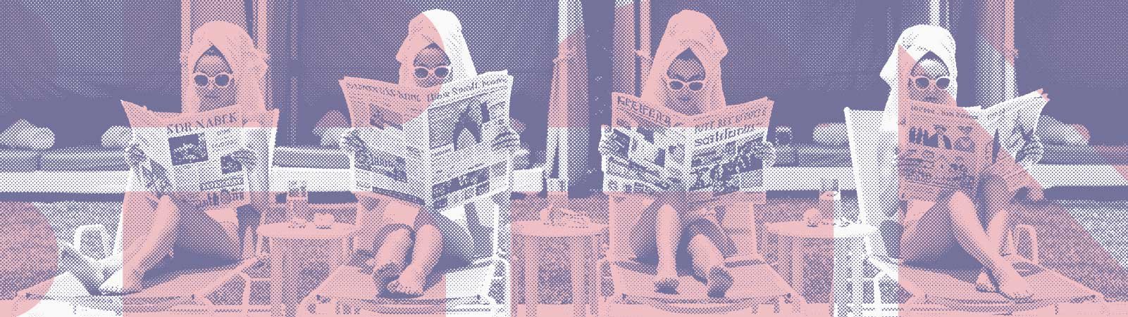 Three women sitting in a row, each reading a newspaper and wearing large dark sunglasses.