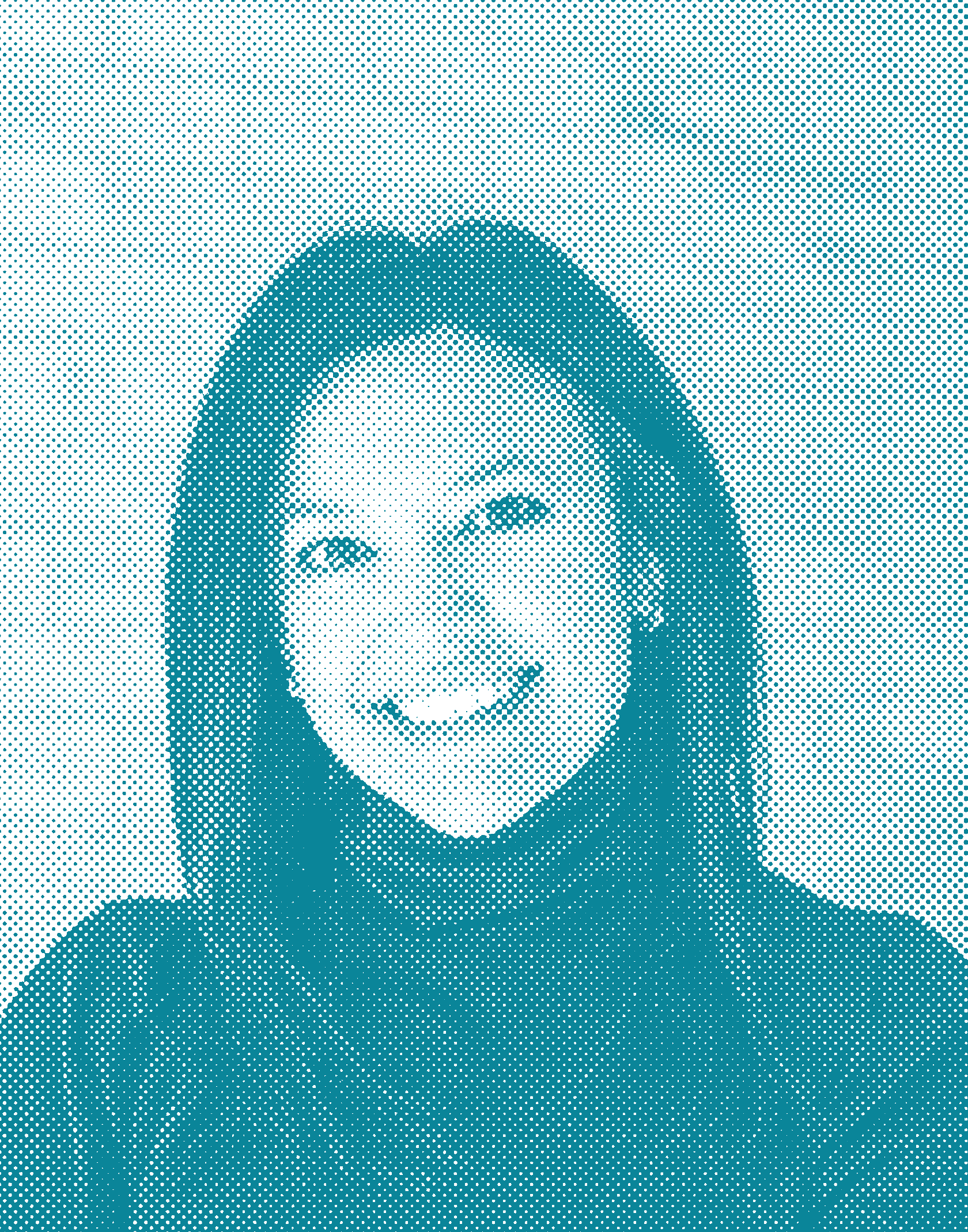 A person in a hooded sweatshirt with a pixelated, artistic filter, smiling with eyes closed.