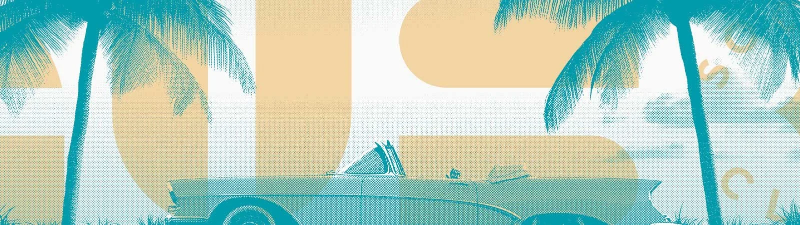 A stylized illustration of a convertible car parked between two palm trees with a sun in the background.
