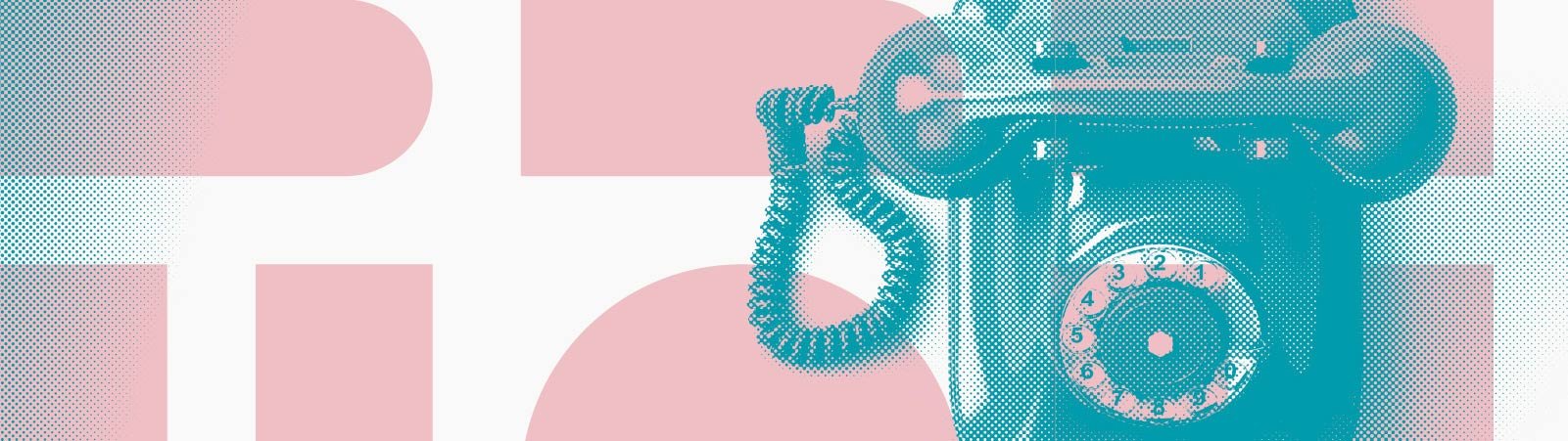 A vintage rotary telephone with a coiled cord, set against a background with large pink and white geometric shapes.