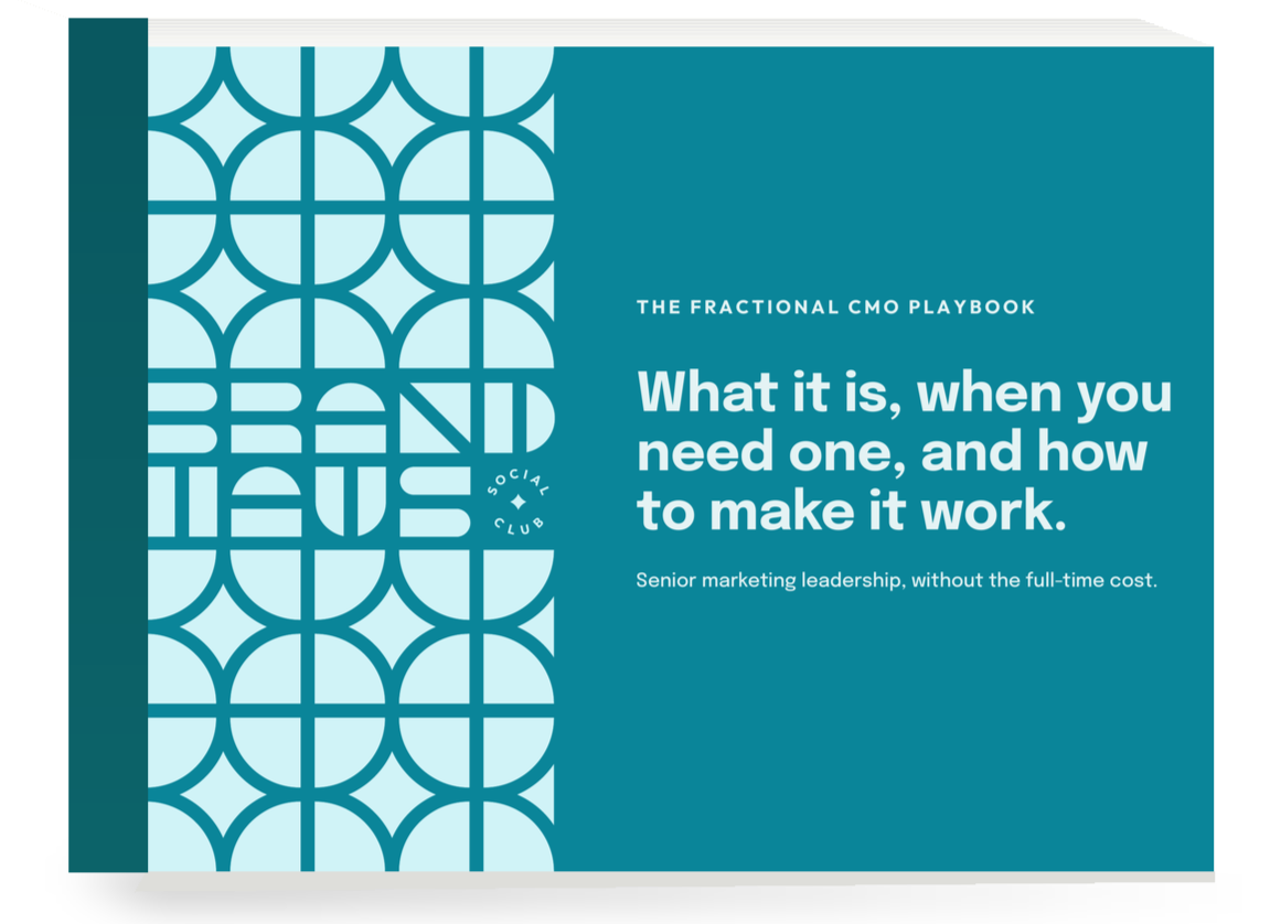 Cover of a playbook titled "The Fractional CMO Playbook" with a geometric pattern on the left side and text on the right side that reads, "What it is, when you need one, and how to make it work. Senior marketing leadership, without the full-time cost."