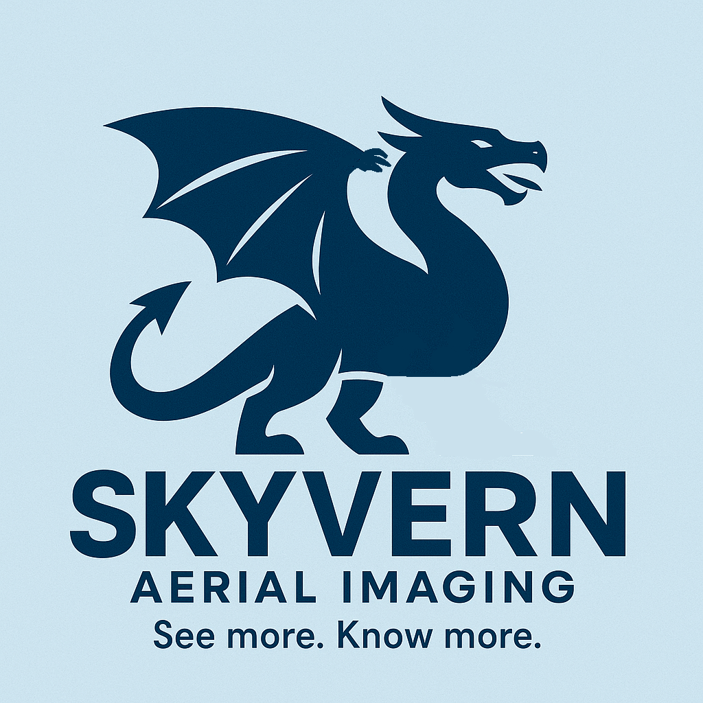 Logo of Skyvern Aerial Imaging featuring a navy blue dragon with wings and tail, and the text 'SKYVERN AERIAL IMAGING' with the tagline 'See more. Know more.'