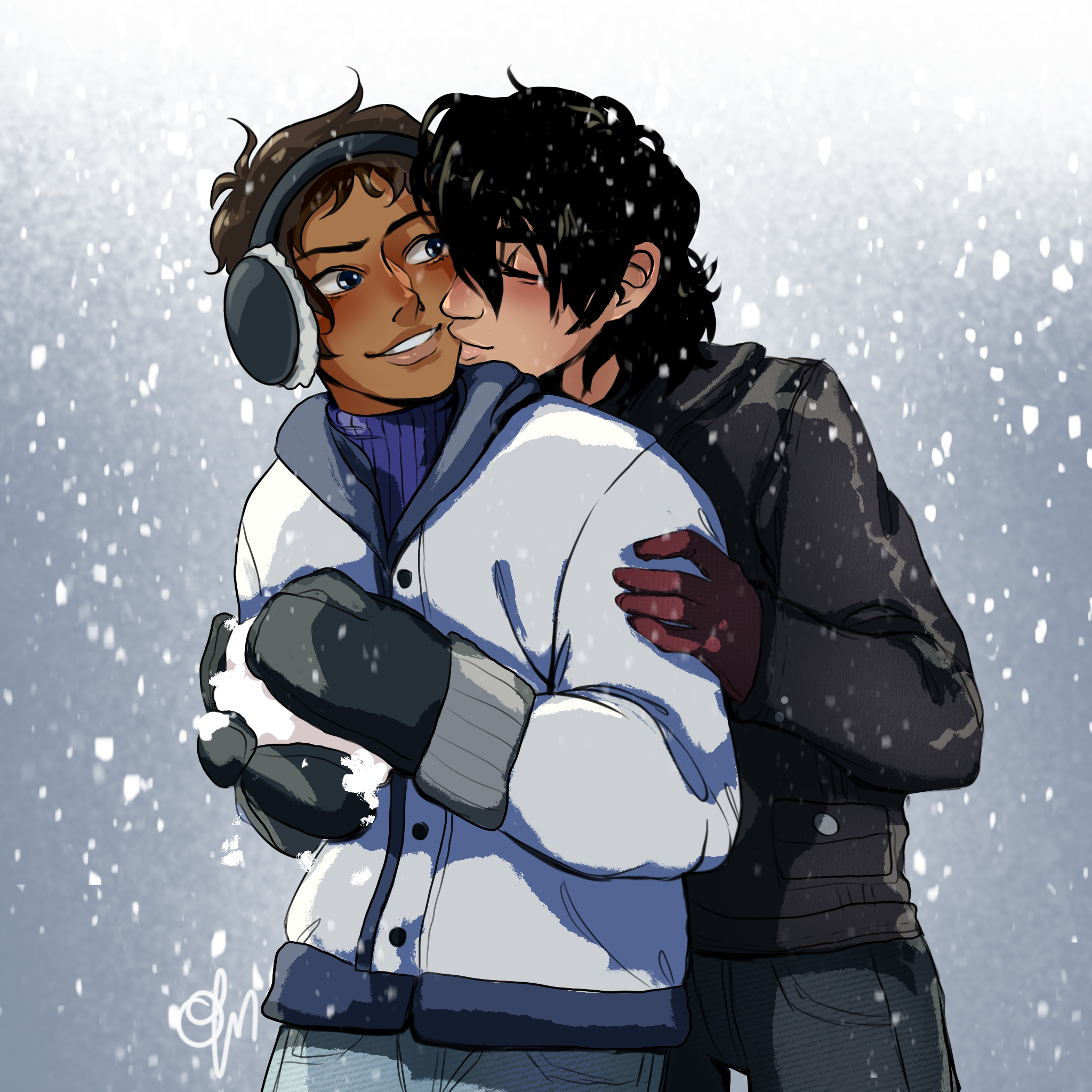 Two young men embracing in the snow, smiling and close, one wearing headphones and a white jacket, the other in black with dark hair.