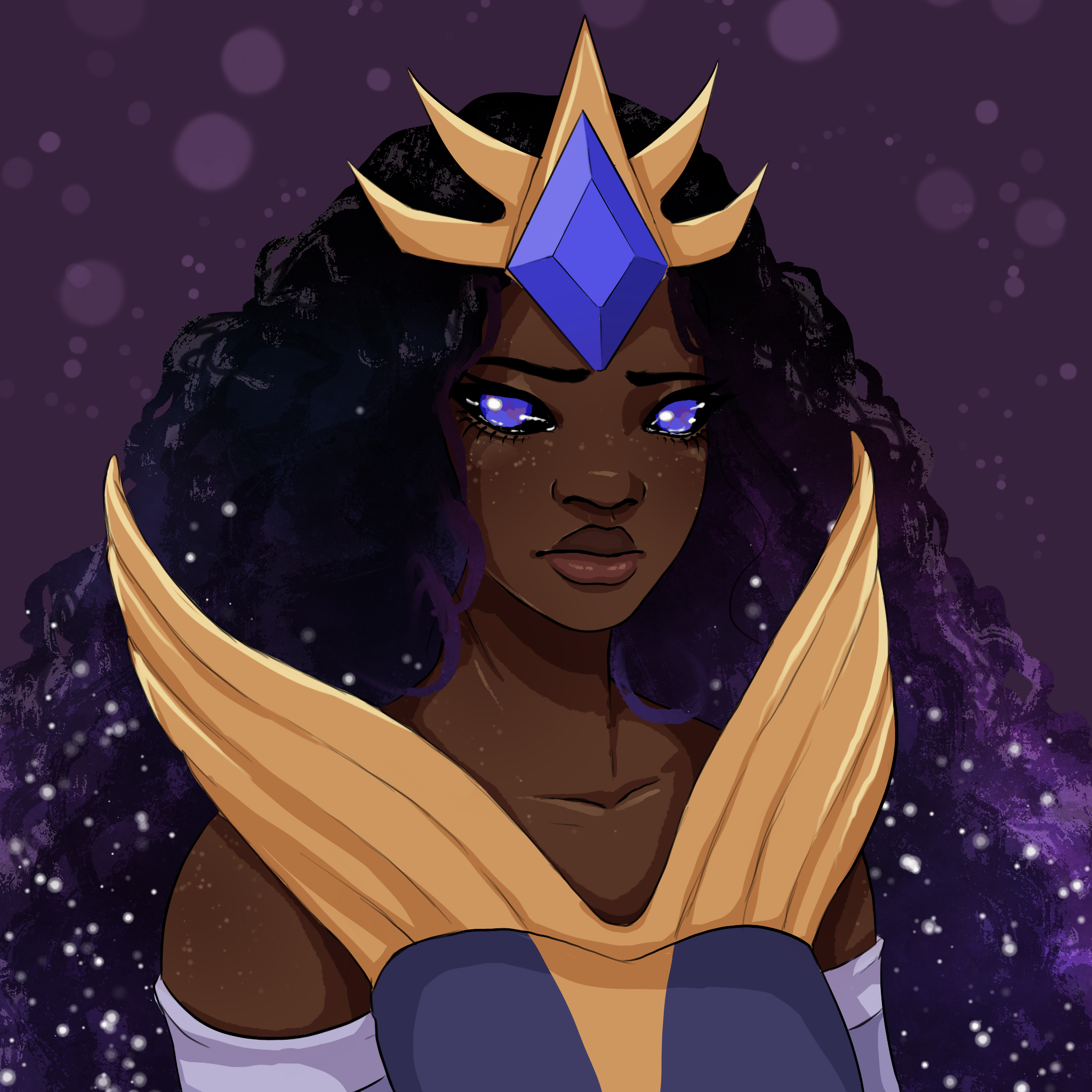 Digital illustration of a dark-skinned woman wearing an elaborate golden crown with a large blue gemstone. She has long, curly black hair, blue eyes with star-like highlights, and a serious expression. The background is dark purple with glowing orbs and sparkles.