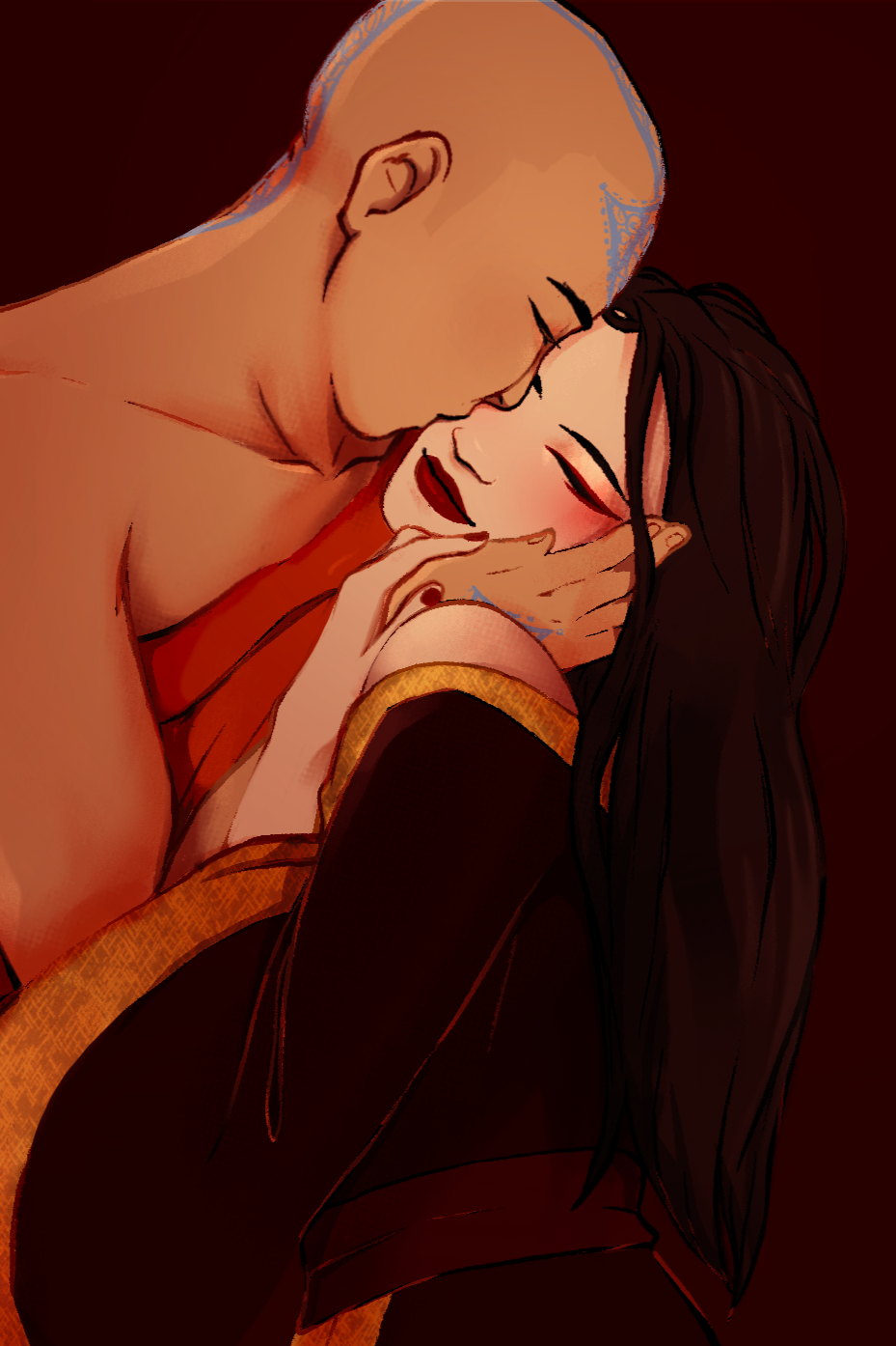 Fan art of Aang and Azula from Avatar in the pose of the painting "The Kiss"