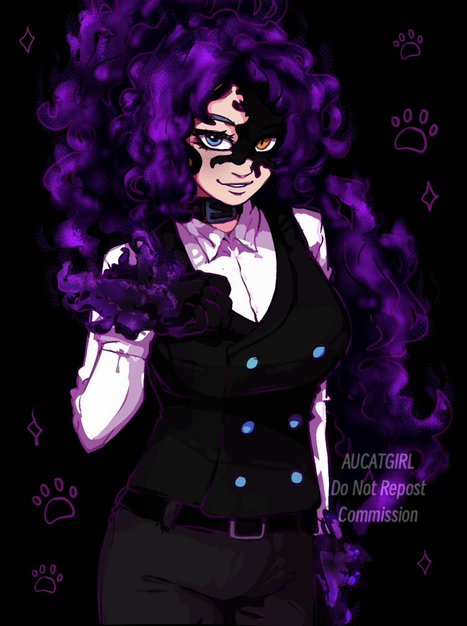 An animated character with curly purple hair, one blue eye and one brown eye, wearing a black mask, white shirt, black vest with blue buttons, black gloves, and a collar. The background is black with purple paw prints and sparkles.