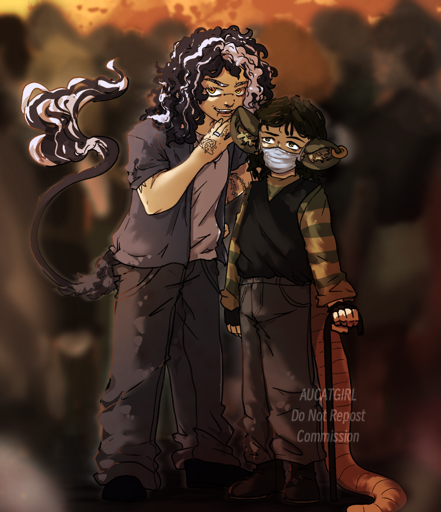 Two fantasy characters, a woman with curly hair and a man with mouse-like features, standing together outdoors at sunset. The woman has dark curly hair streaked with white and a tail, while the man wears a face mask, striped sleeves, and carries a cane.