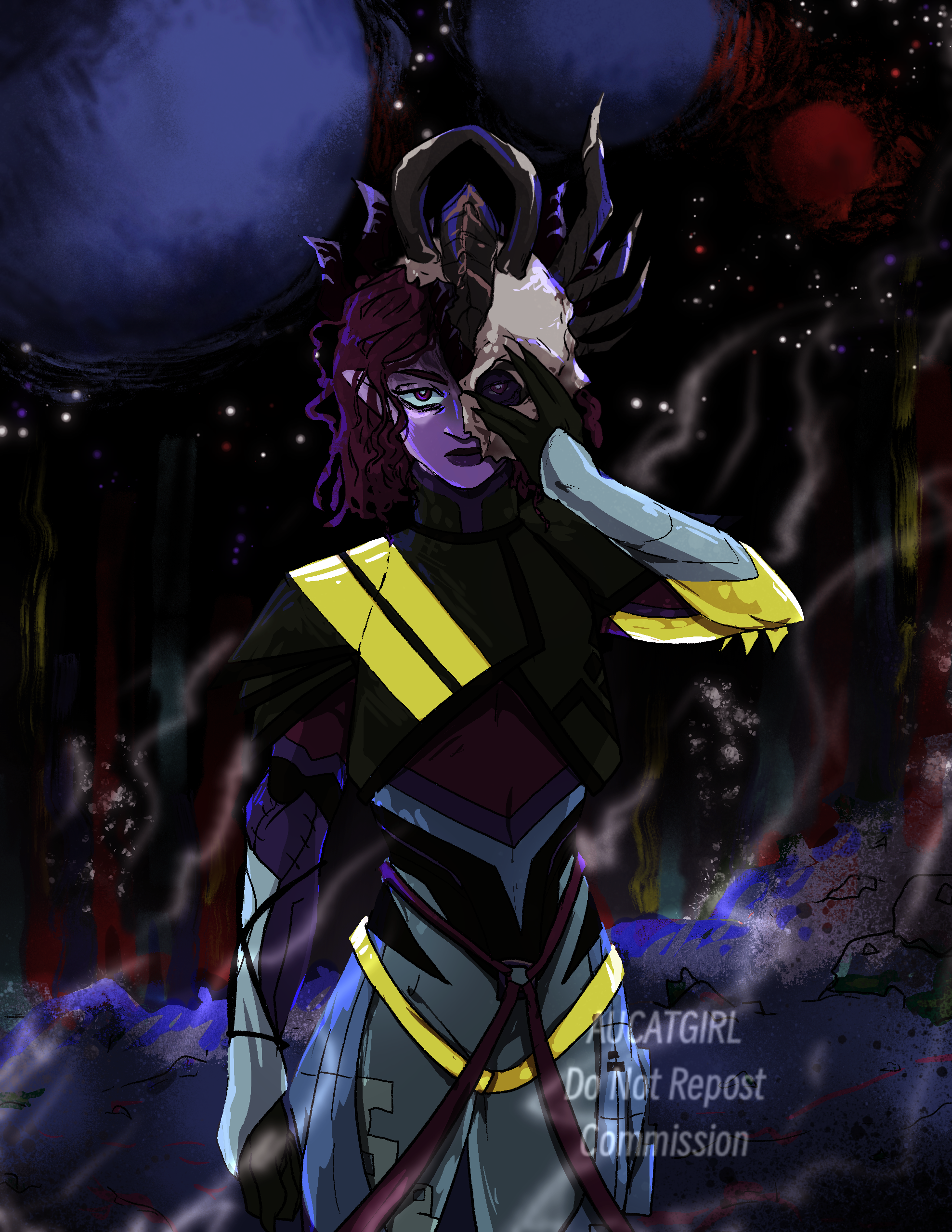 A dark fantasy-style digital illustration of a humanoid character with purple skin, curly red hair, and a horned skull mask. The character is holding the mask with one hand, partially covering their face, in a cosmic background with planets and swirling clouds.