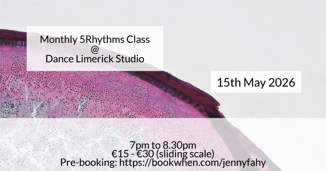 Pink amobea to show movement in a flyer with words for my May 2026 5Rhythms class