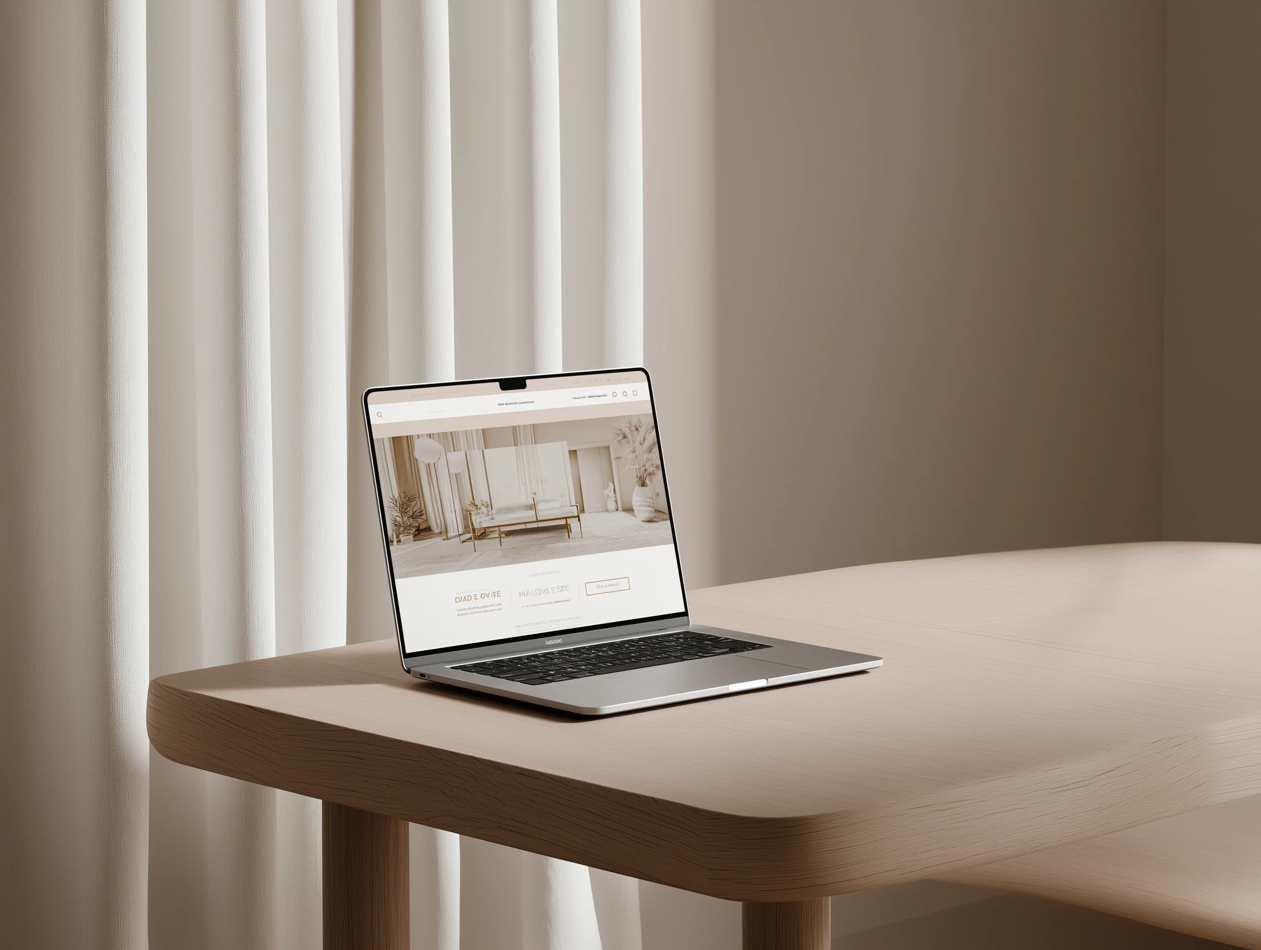 A laptop on a light wood table in front of cream-colored curtains.