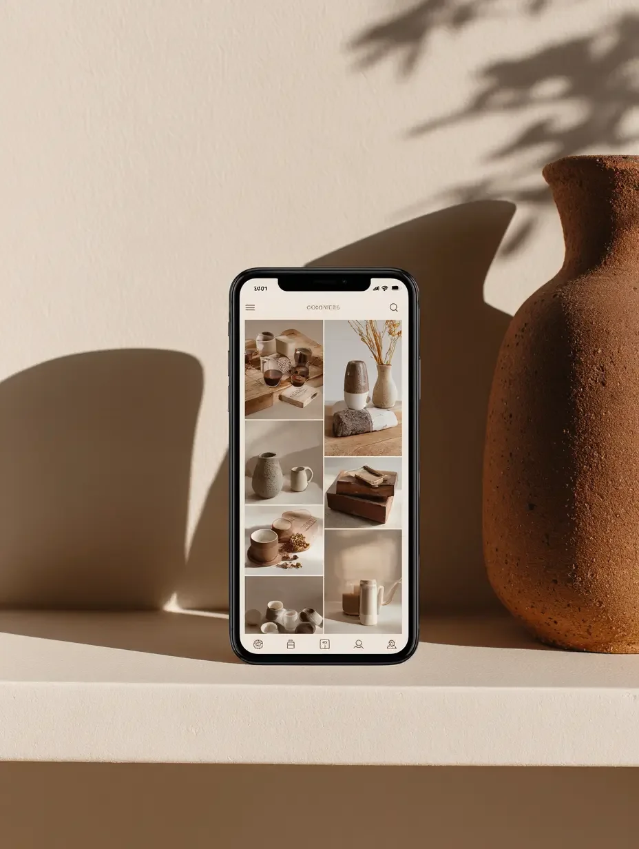 Smartphone displaying an online shopping app with images of ceramic and pottery items, placed on a beige surface between a shadowed wall and a large, textured clay vase.