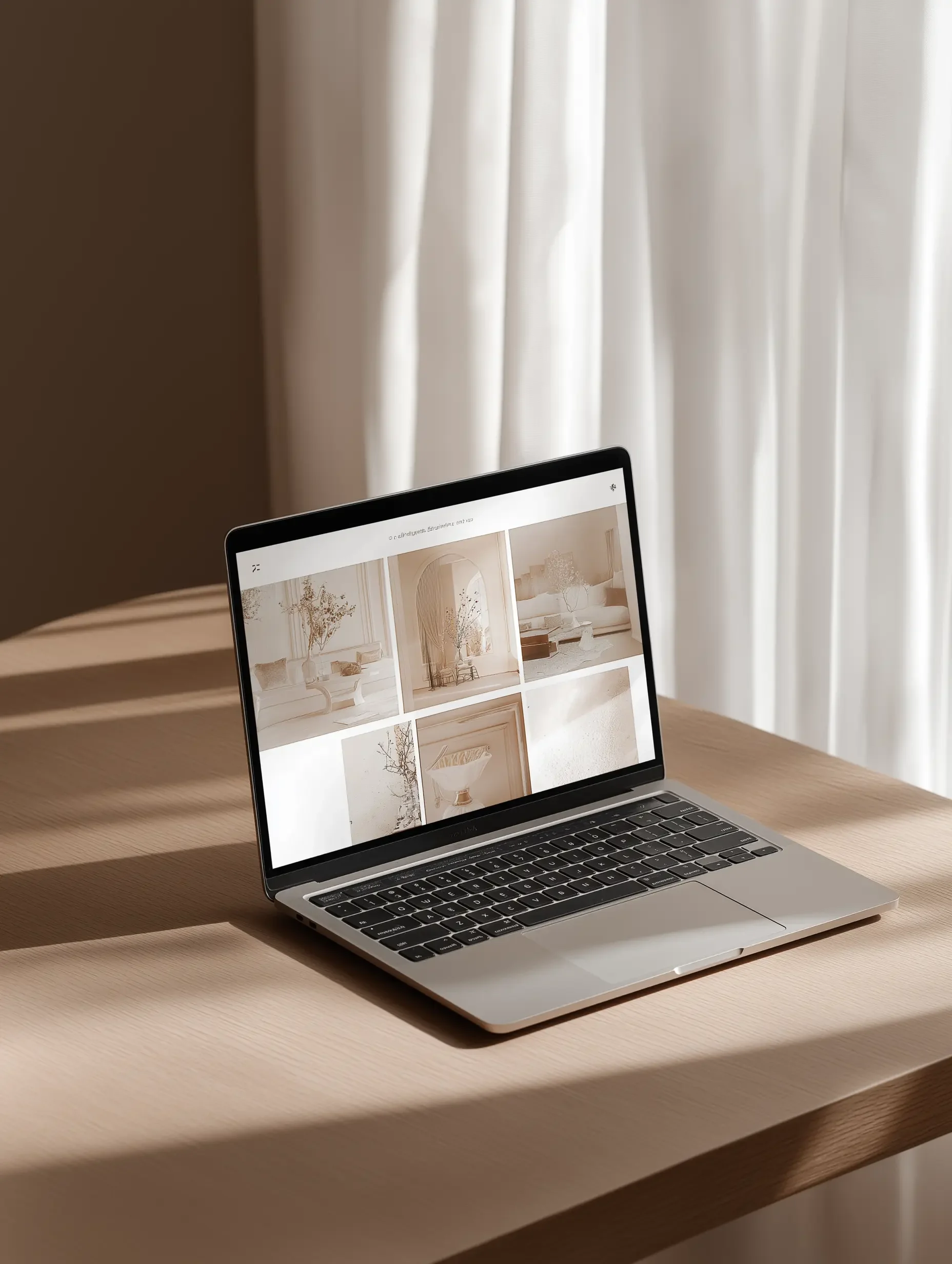 Open laptop on a wooden table displaying an interior design website with neutral-toned images of minimalist decor and furniture, with white curtains in the background.