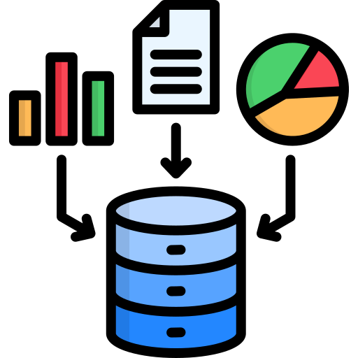 Iconos de gráficos, documento, pastel de datos y base de datos con un fondo negro