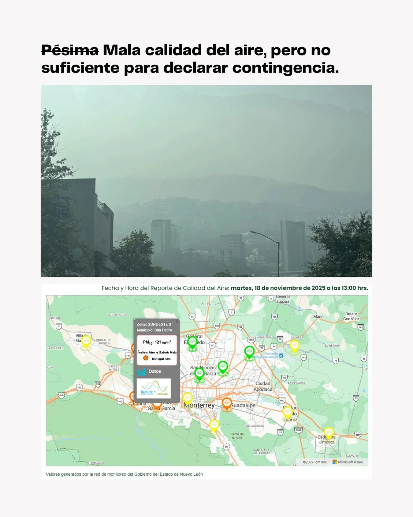 a la 1pm de hoy - recuerda que los criterios para establecer contingencia o alerta no reflejan el riesgo a la salud que estamos enfrentando en d&iacute;as como hoy
Sin estas alertas parece que en estad&iacute;stica hoy fue un d&iacute;a de buena cali