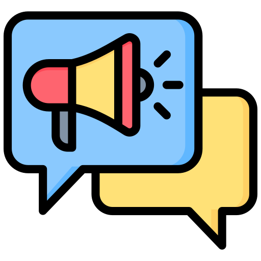 Icono de un megáfono y dos burbujas de diálogo, uno azul y uno amarillo, representando comunicación y anuncios.