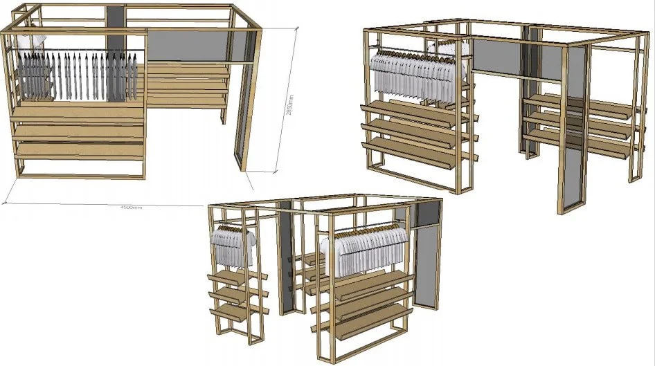 A 3D rendering of a wooden retail display shelving unit with multiple shelves and hanging racks for clothing or accessories, shown from various angles.