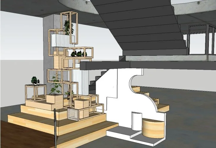 Interior of a modern building with a staircase and open shelving with plants, featuring mixed materials like wood and concrete.