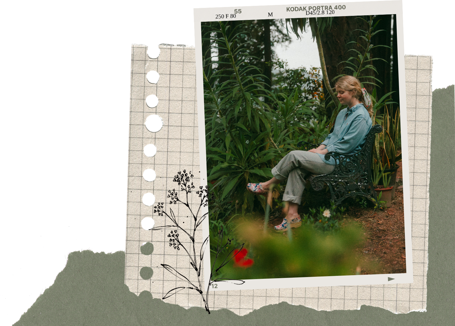 Cassie Weeden, IFS therapist and depth work specialist for adults, sitting on a garden bench surrounded by greenery.