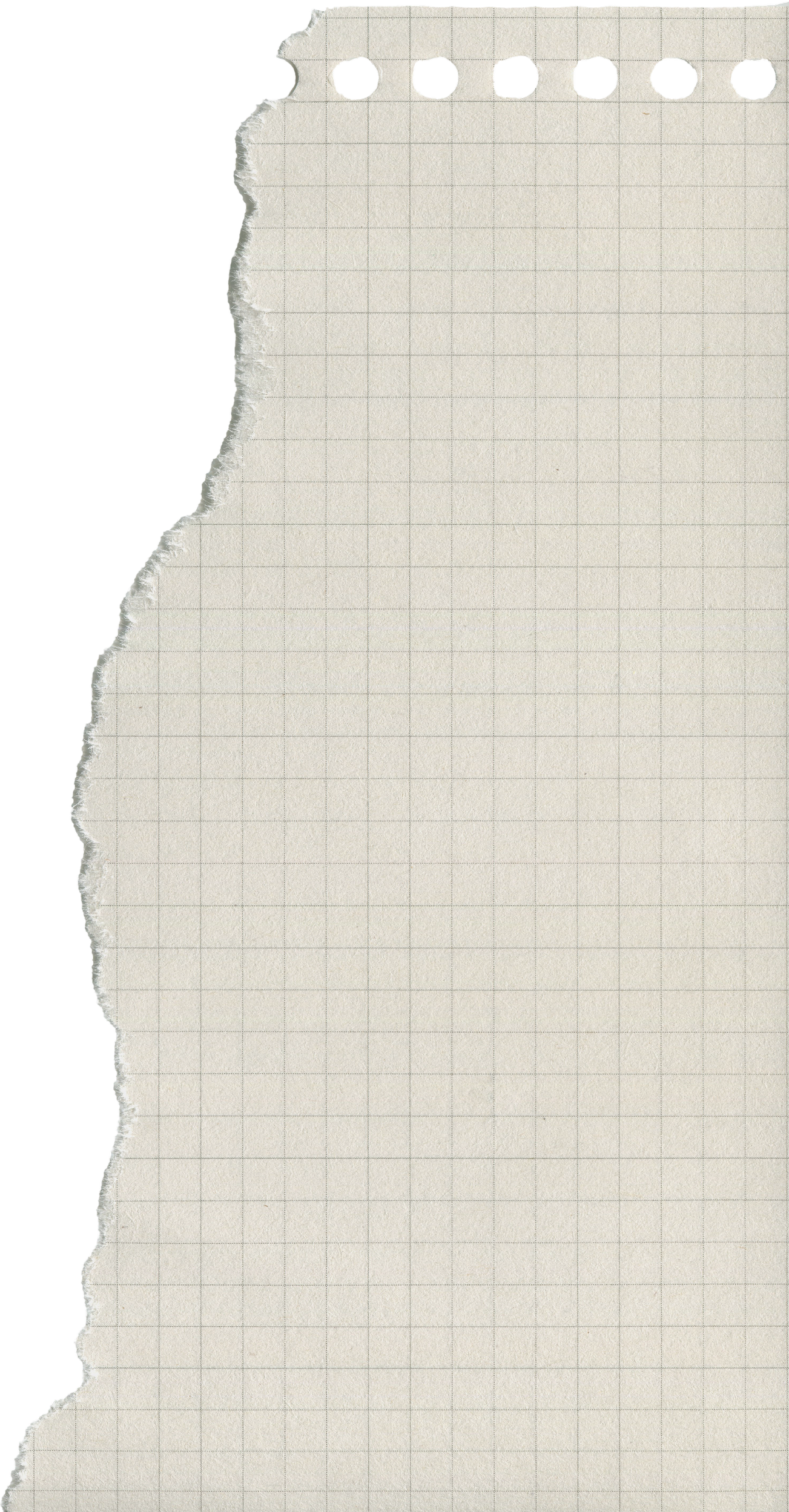 A piece of lined notebook paper with torn edges and six circular holes at the top, missing part of the sheet, against a black background.