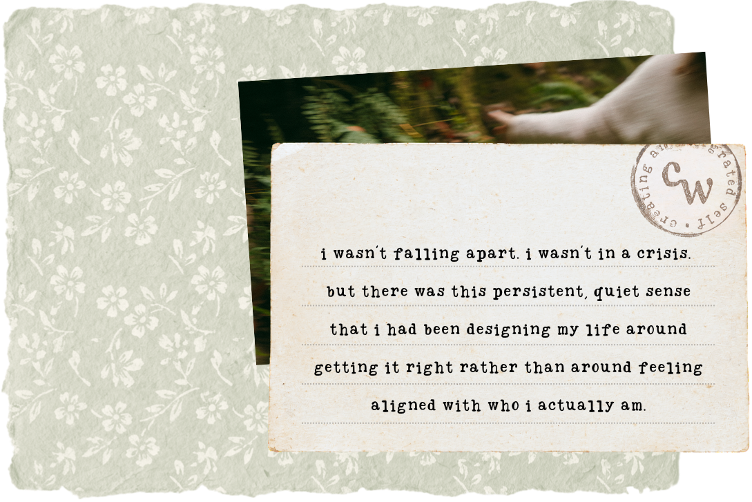 Vintage letter excerpt about feeling misaligned, with part of Cassie Weeden’s hand reaching through greenery.