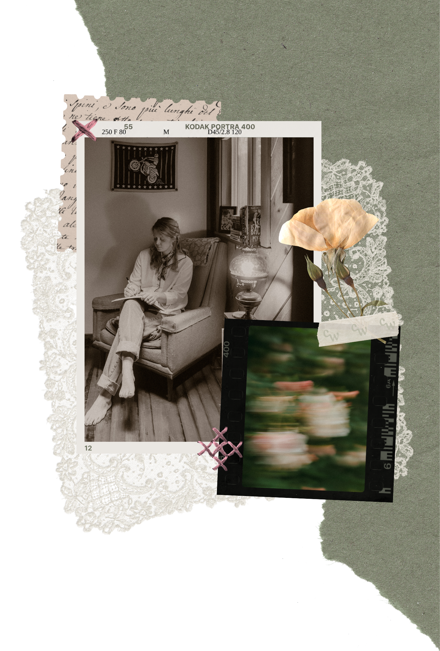 Vintage portrait of Cassie Weeden, IFS therapist and depth work specialist for adults, seated on a sofa and writing in a notebook.