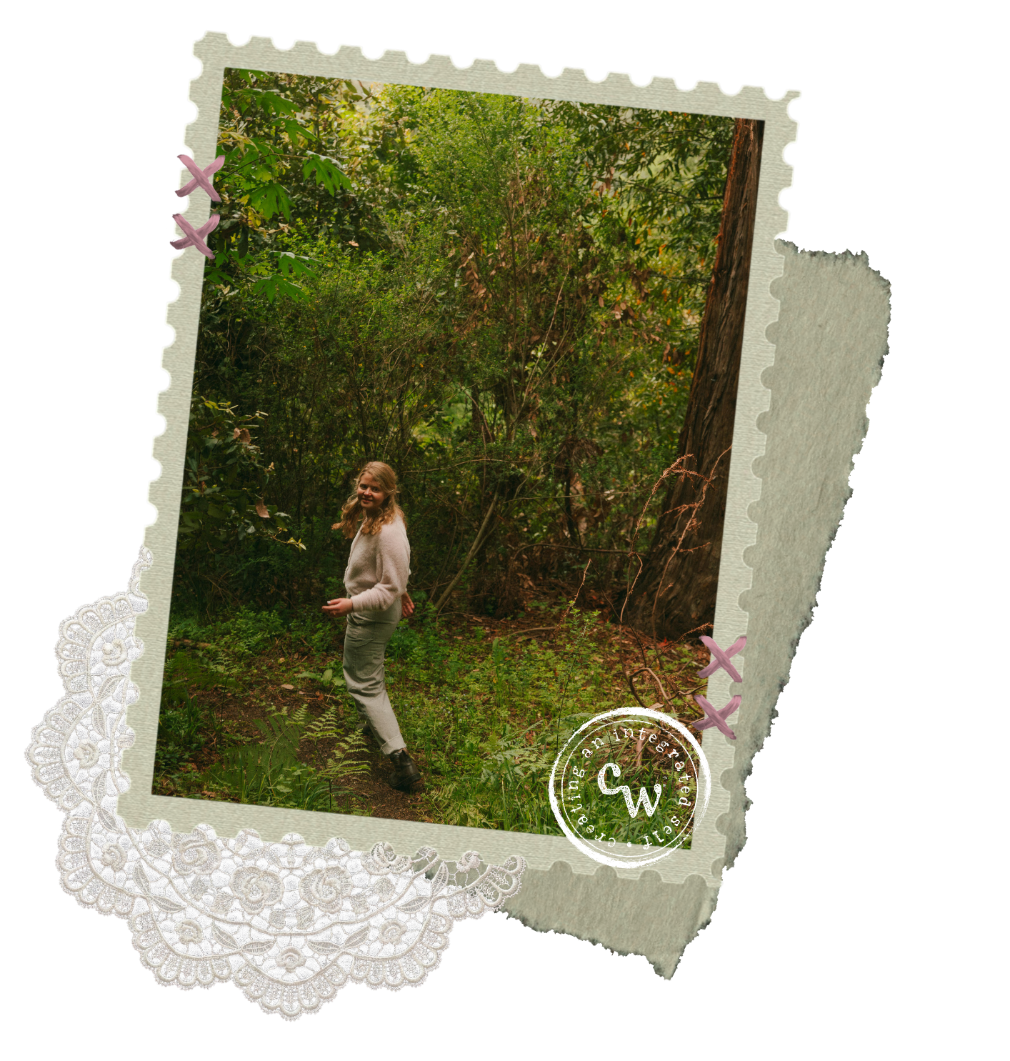 Cassie Weeden, IFS therapist and depth work specialist for adults, standing in a lush forest.