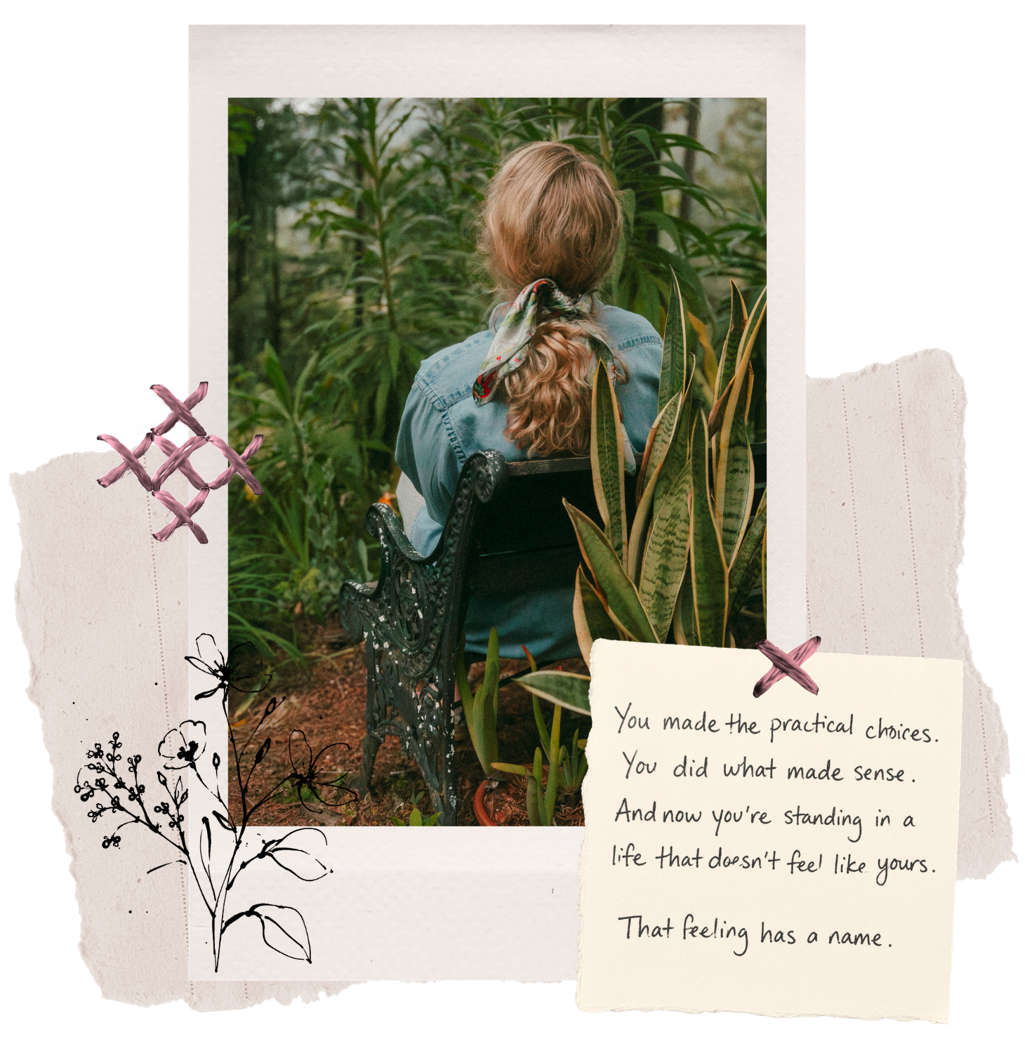 A person with long red hair, tied with a floral scarf, sits on a black garden bench surrounded by green plants, facing away. The scene is framed with torn paper, illustrations, and a note with handwritten text.