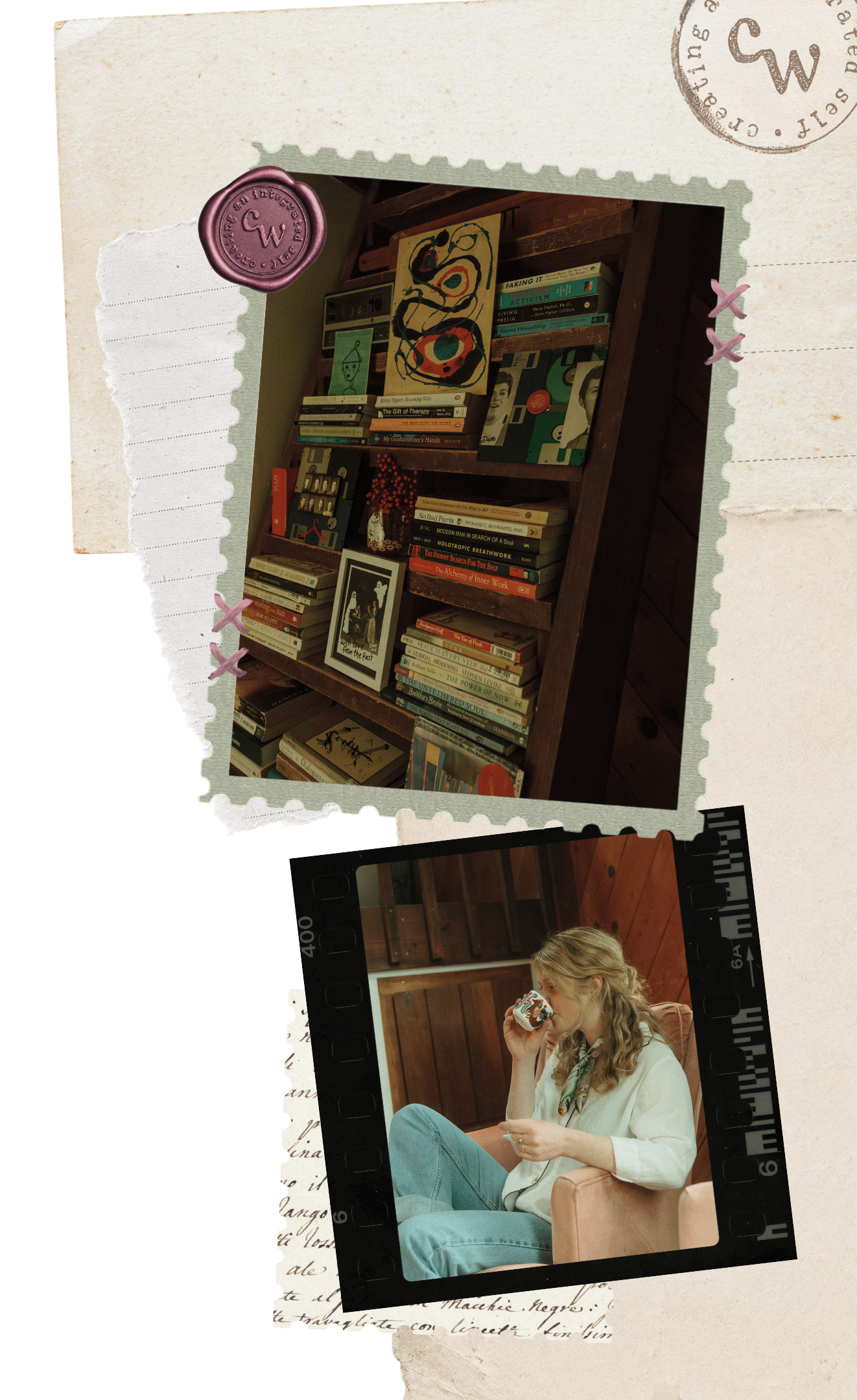 Cassie Weeden, IFS therapist and depth work specialist for adults, sitting with coffee beside shelves of books.