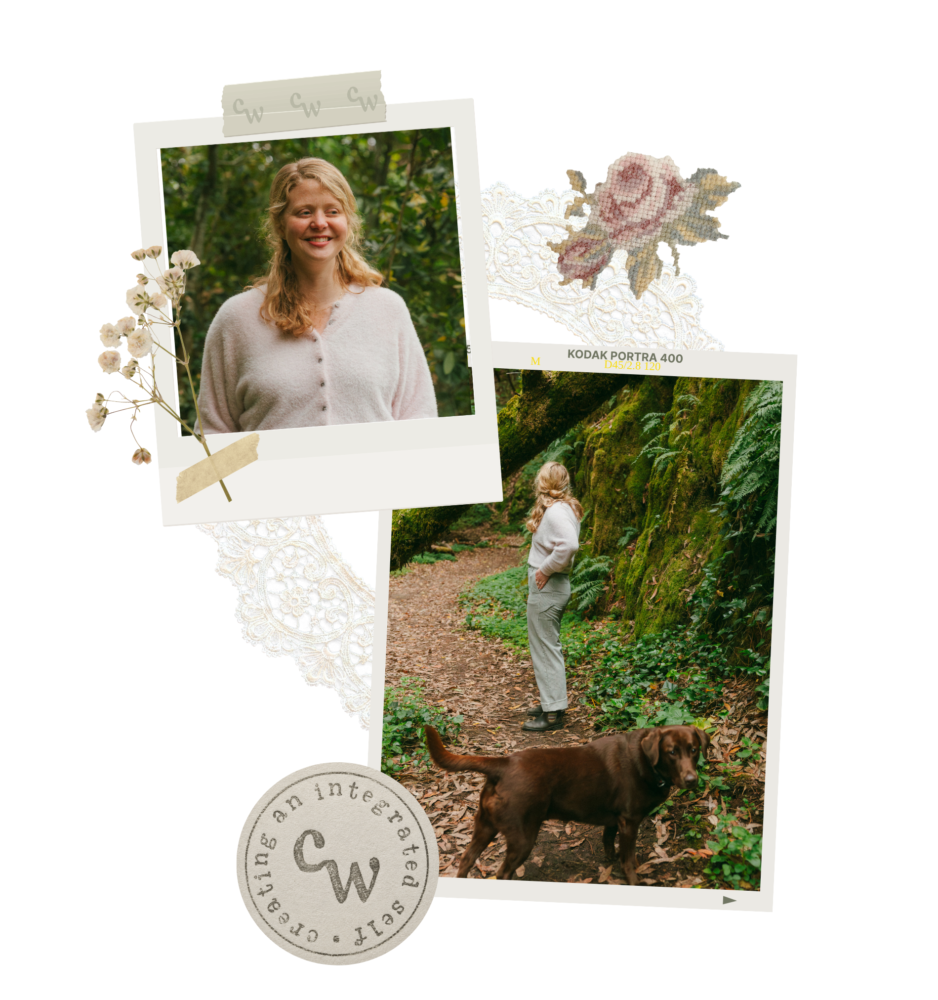 Photograph of a smiling woman with blonde hair standing outdoors in a forest, with a dog walking on a trail nearby. The image is styled with decorative elements like a doily, a flower, and vintage photo borders.