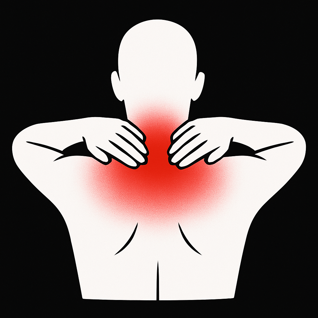 the backside of a patient holding his upper back indicating pain