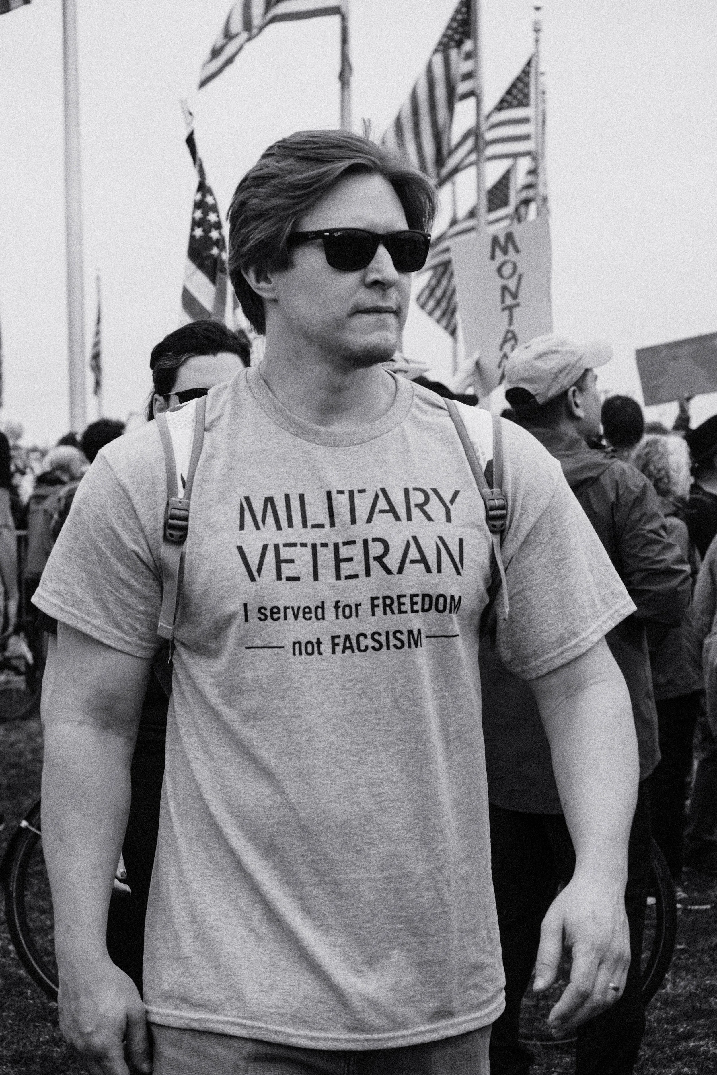A veteran wearing an anti-Trump shirt.
