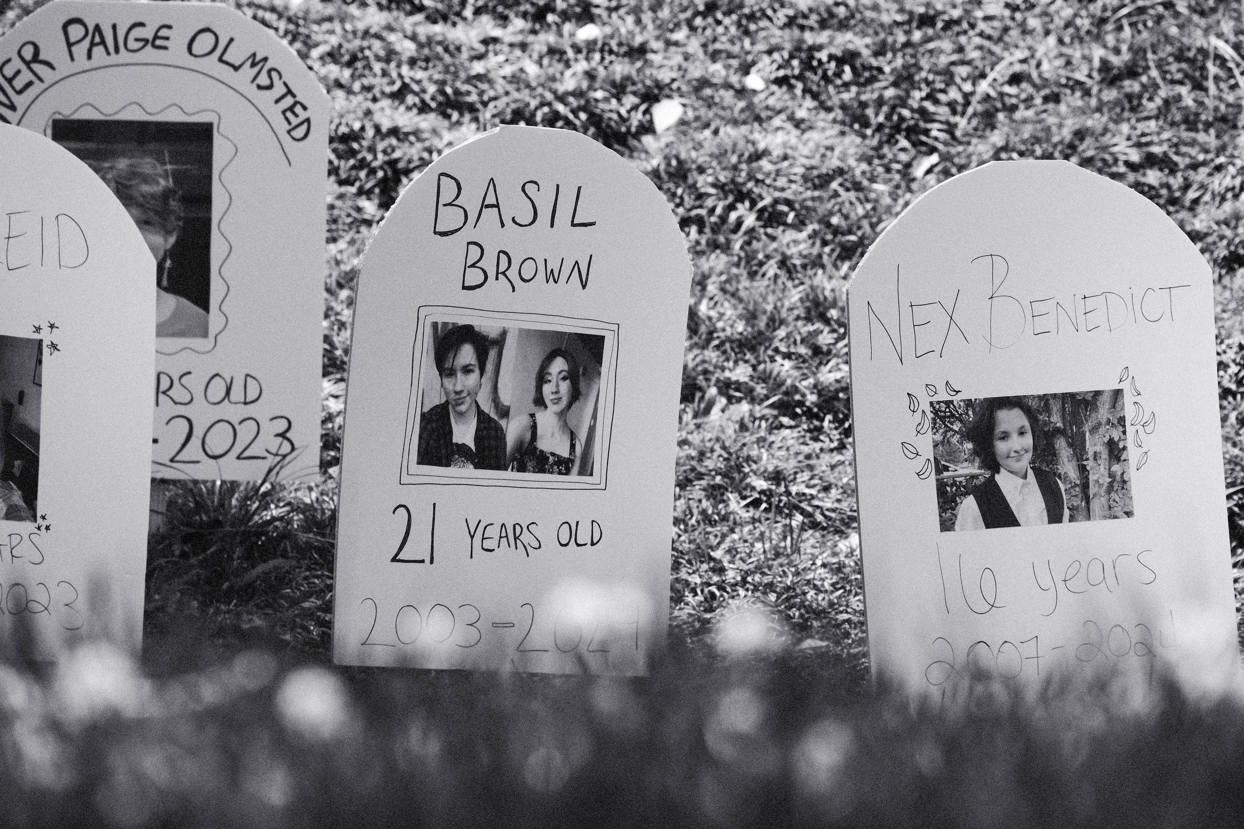 Headstones showing transgender individuals who have committed suicide.