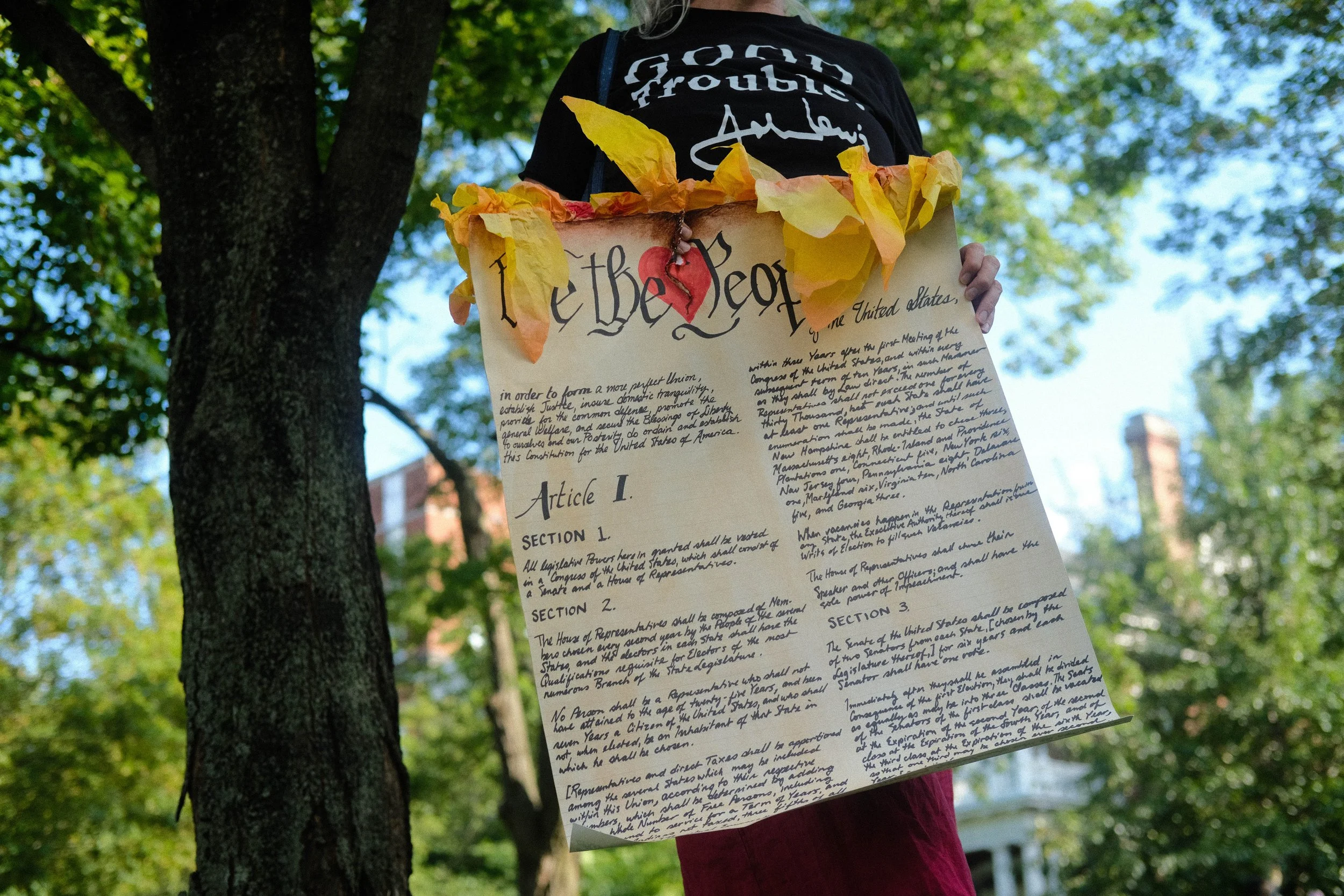 A woman holds a constitution at a protest.