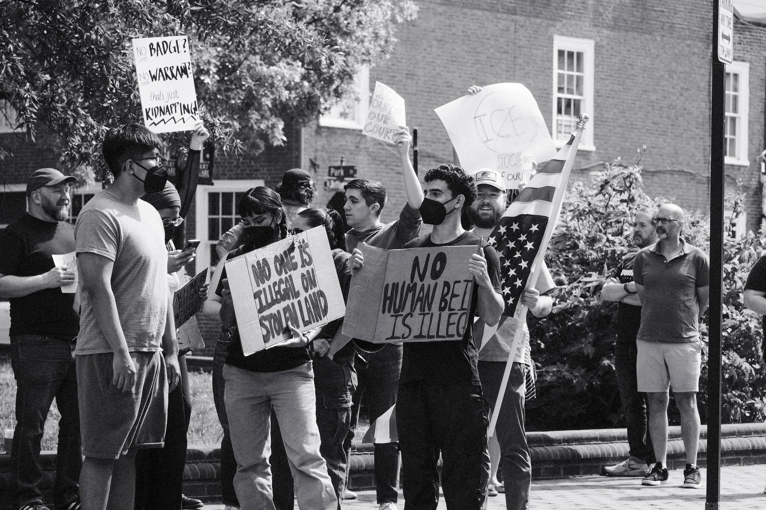 Protesters outside the Albemarle County Circuit Court following ICE abductions there the day earlier.