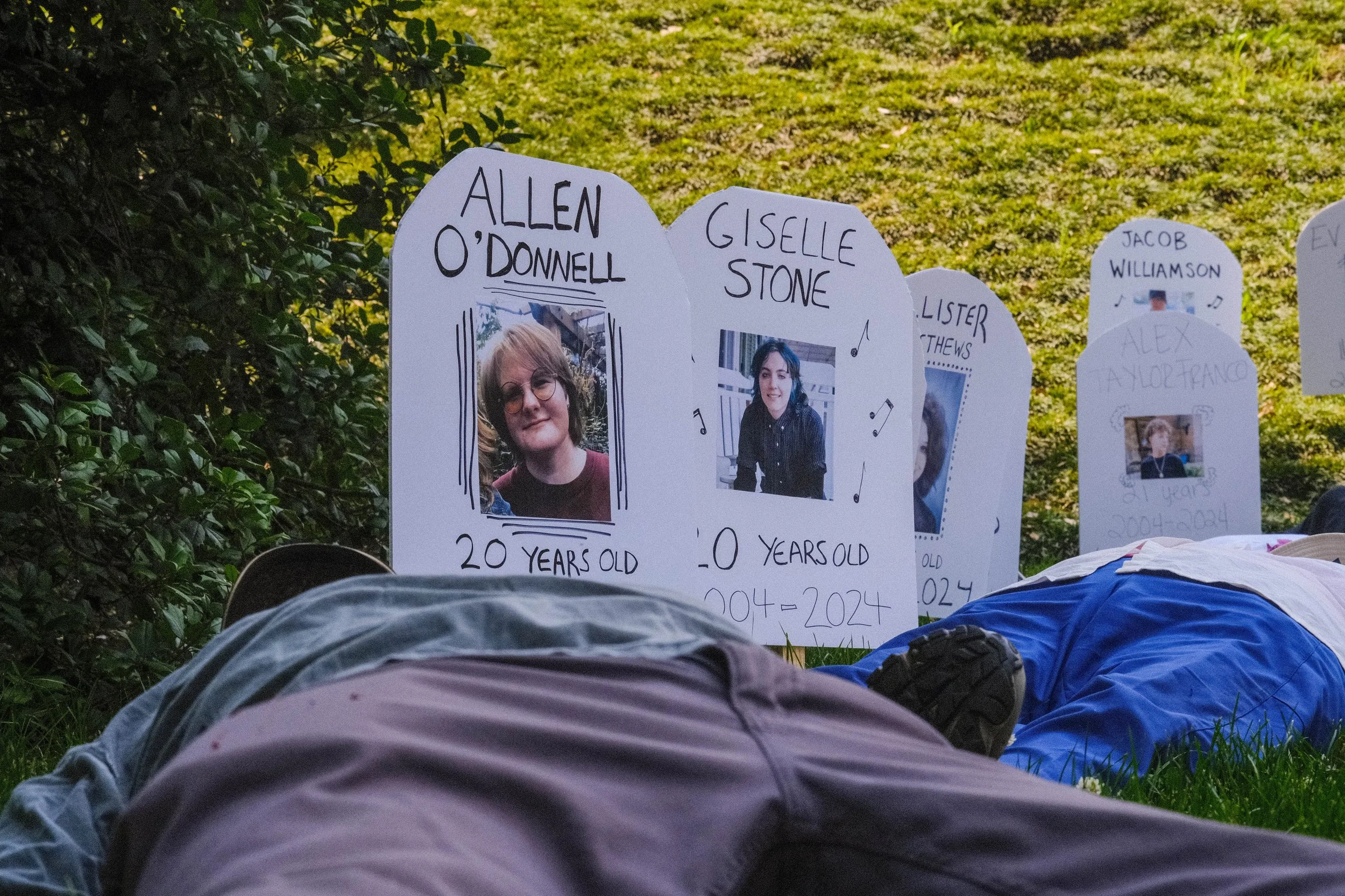 A different angle of the headstones and "bodies."