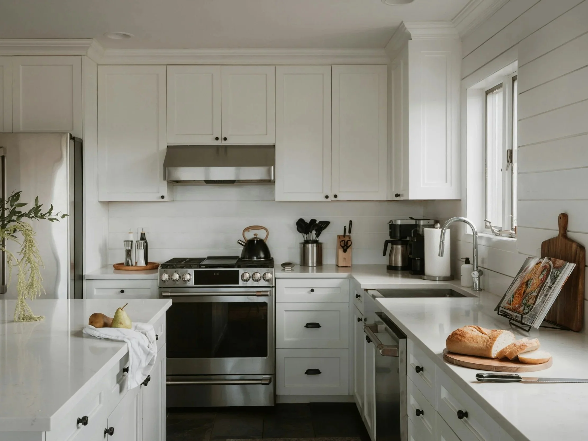 Cuisine farmhouse blanche moderne avec étagères, évier, et comptoirs, contenant une vaisselle, un pain sur une planche, et divers appareils électroménagers. lumineuse et chaleureuse