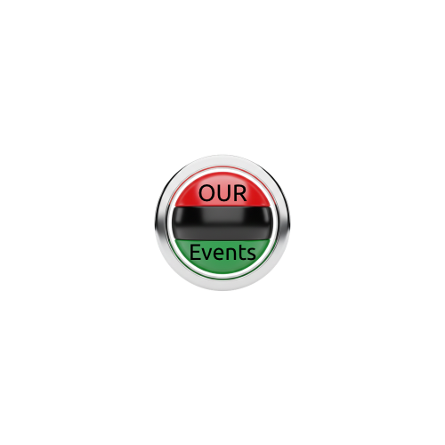 A circular badge with a silver border, divided into three horizontal sections. The top section is red with black text reading "OUR," the middle section is black, and the bottom section is green with black text reading "Events."