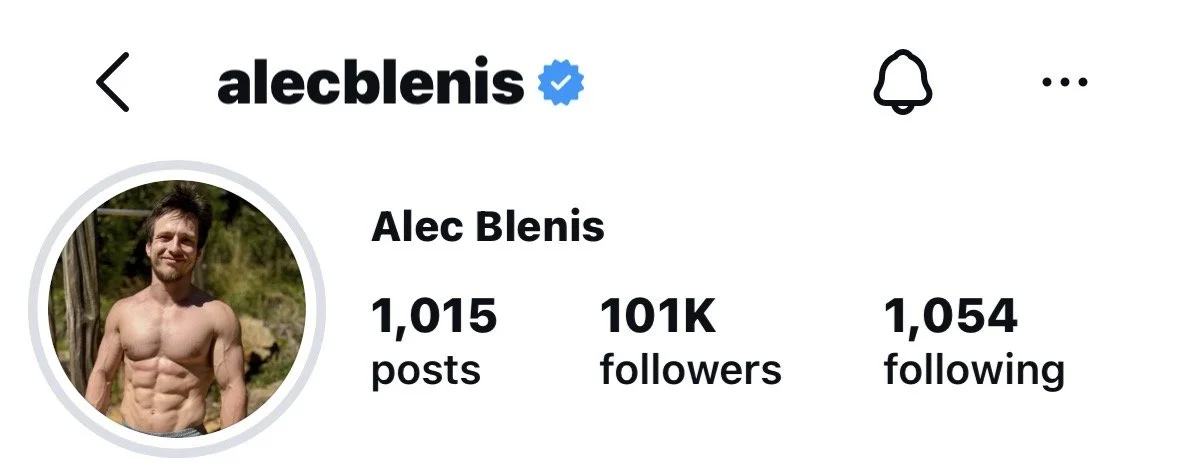 Instagram profile page of Alec Blenis with a verified badge, profile picture of a shirtless man outdoors, showing abs, and stats indicating over 1,000 posts, 101,000 followers, and following 1,054 accounts.